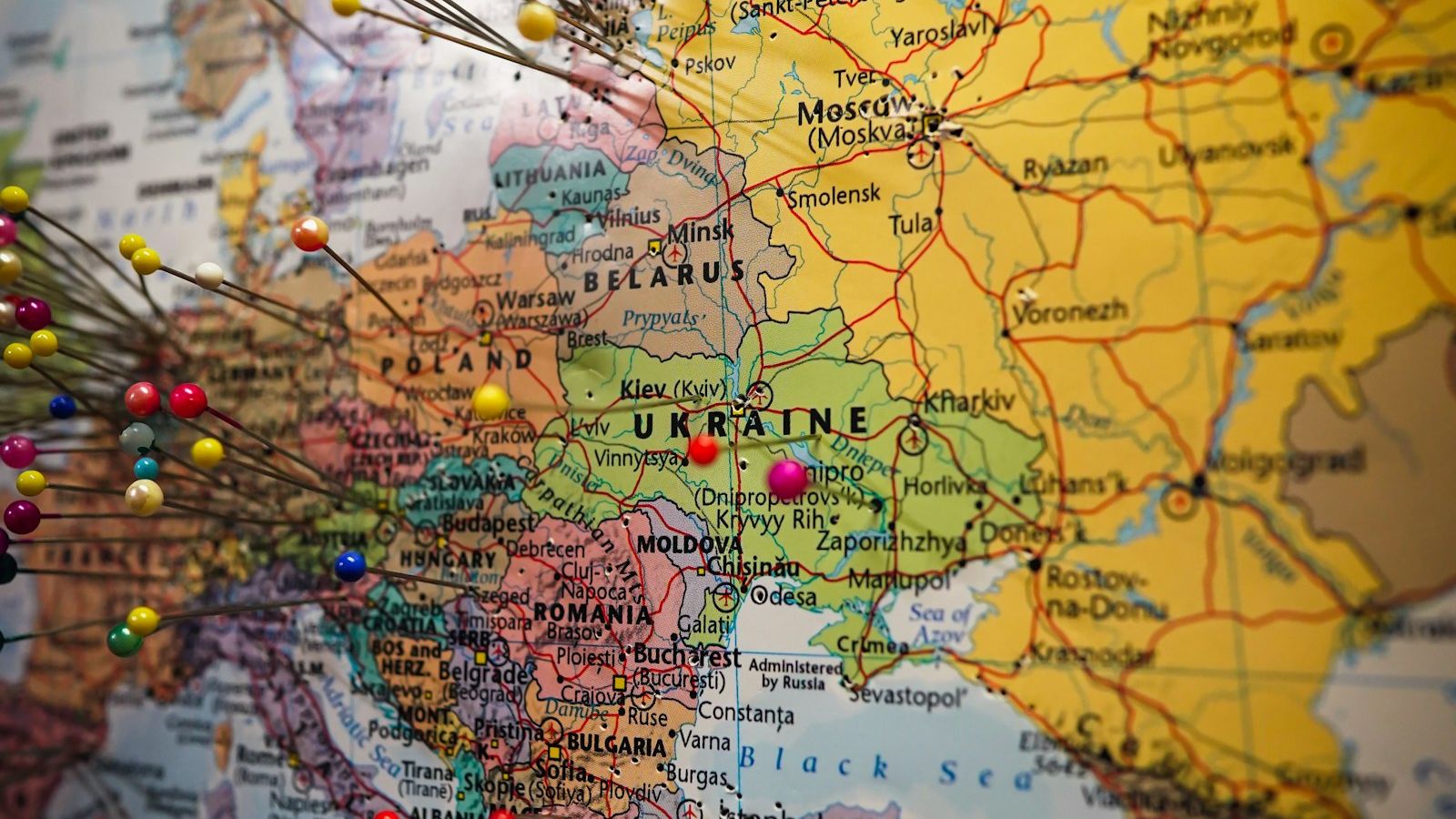 Map of Europe marked with colored pins